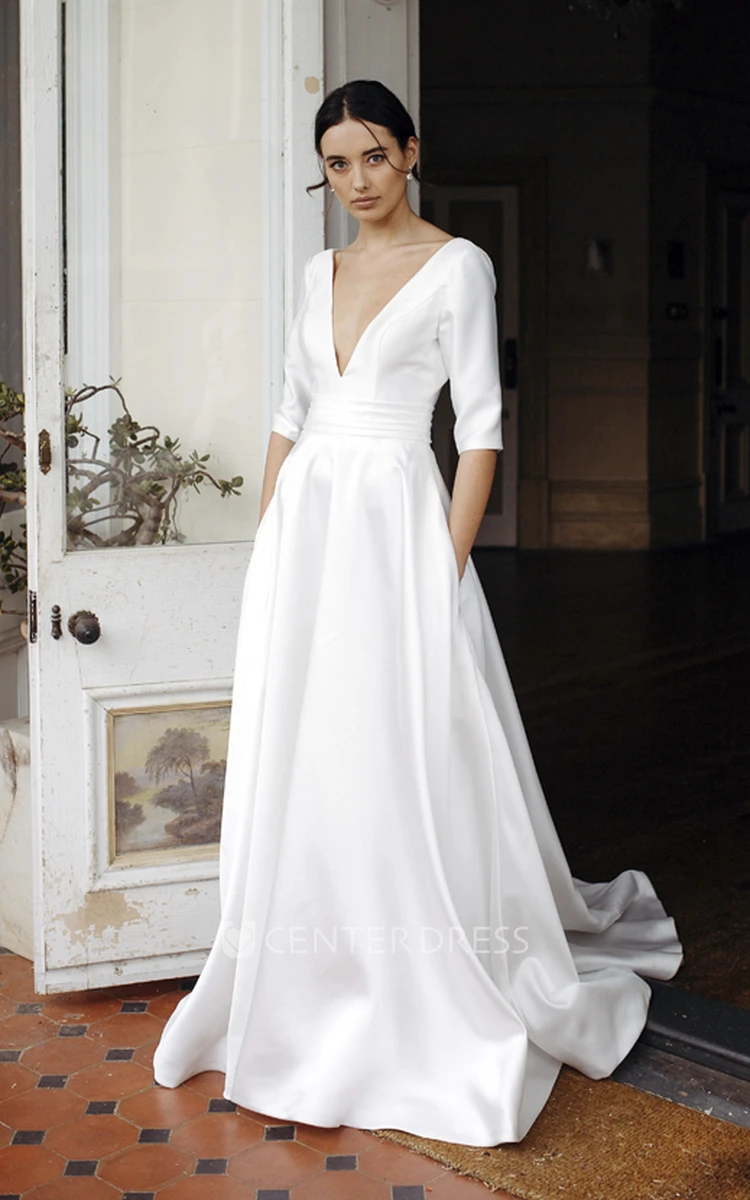 Plunging V-neck Sexy Elegant Satin Bridal Gown With 3/4 Sleeves And Court  Train - UCenter Dress