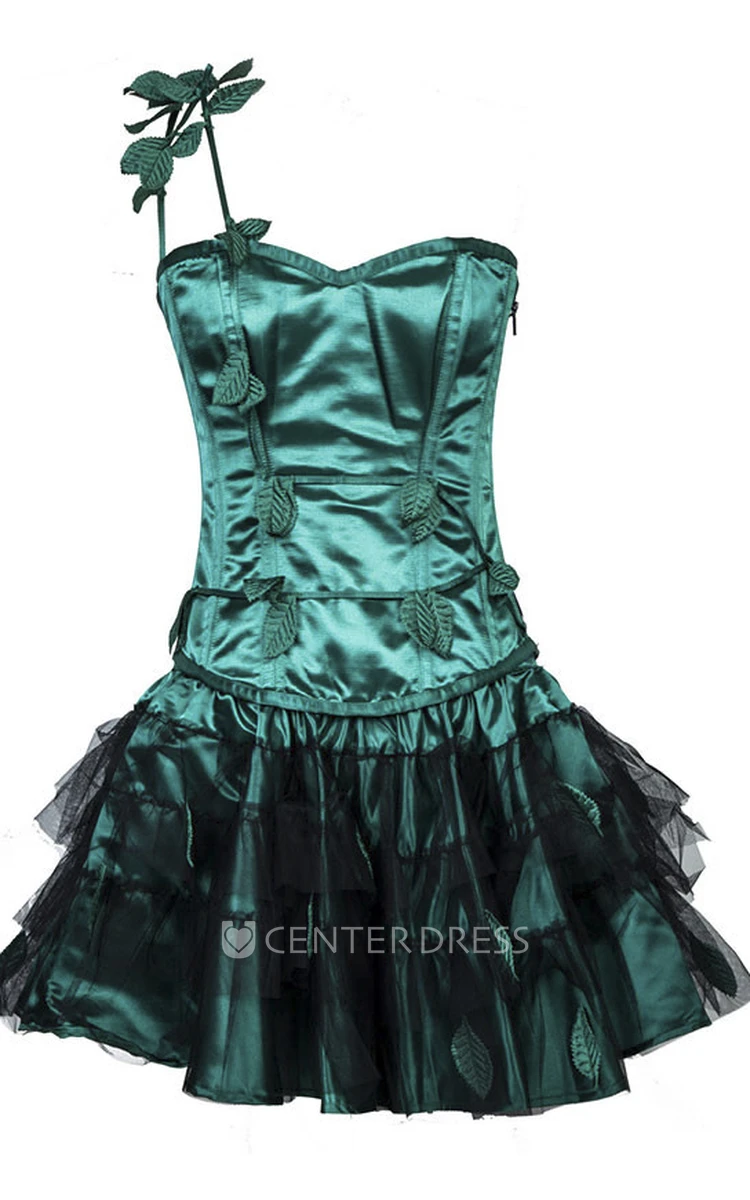 One Shoulder Green And Black Corset Dress With Leaves Appliques And Tiers