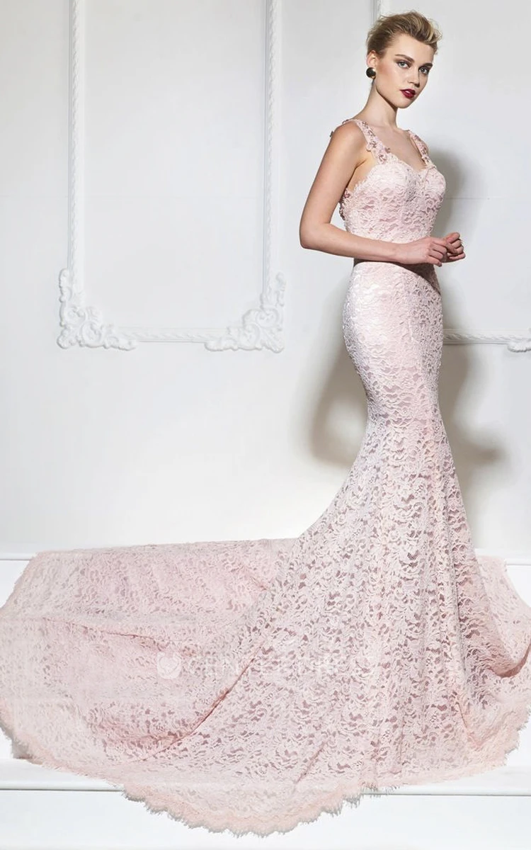Mermaid Lace Floral Appliqued Gown With Straps And Open Back