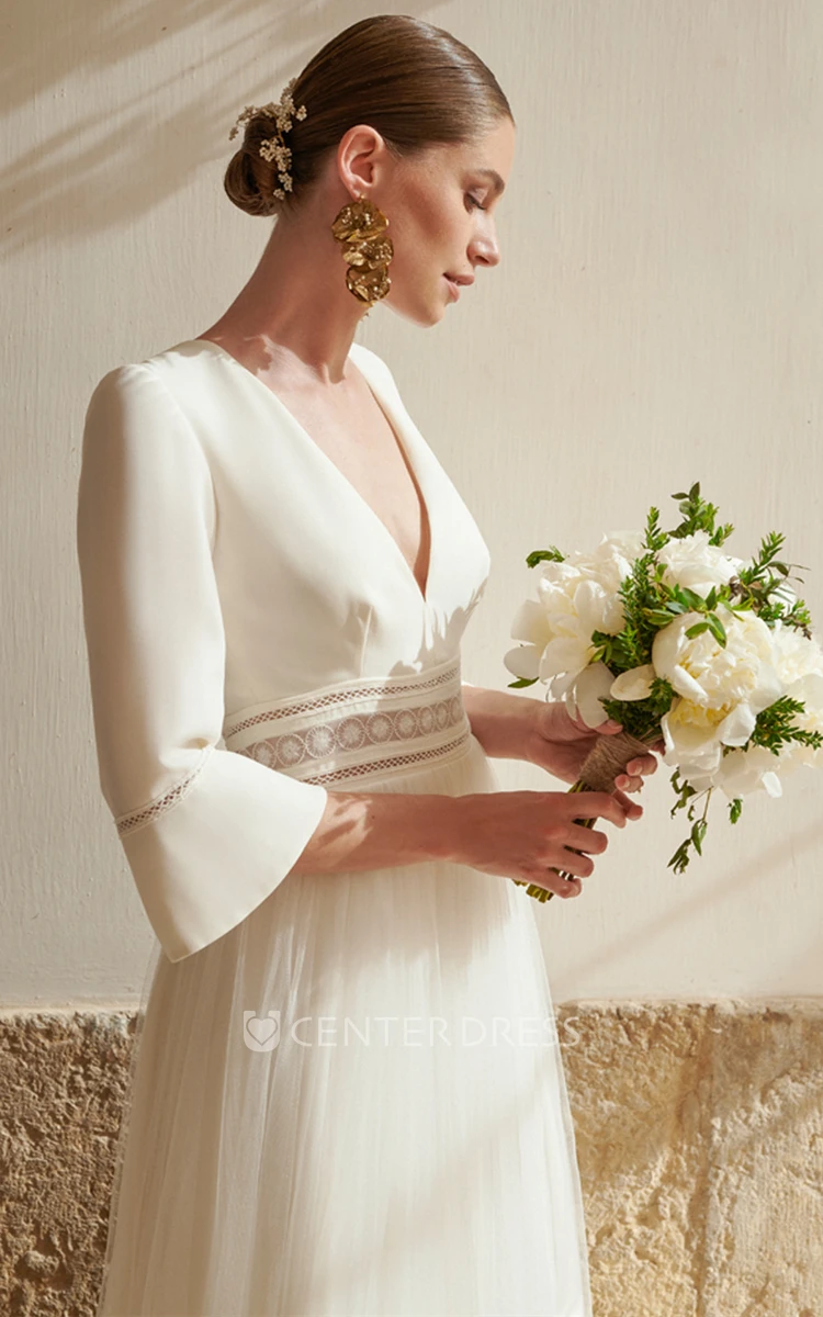 Bohemian A-Line V-neck Satin Tulle Floor-length Wedding Dress