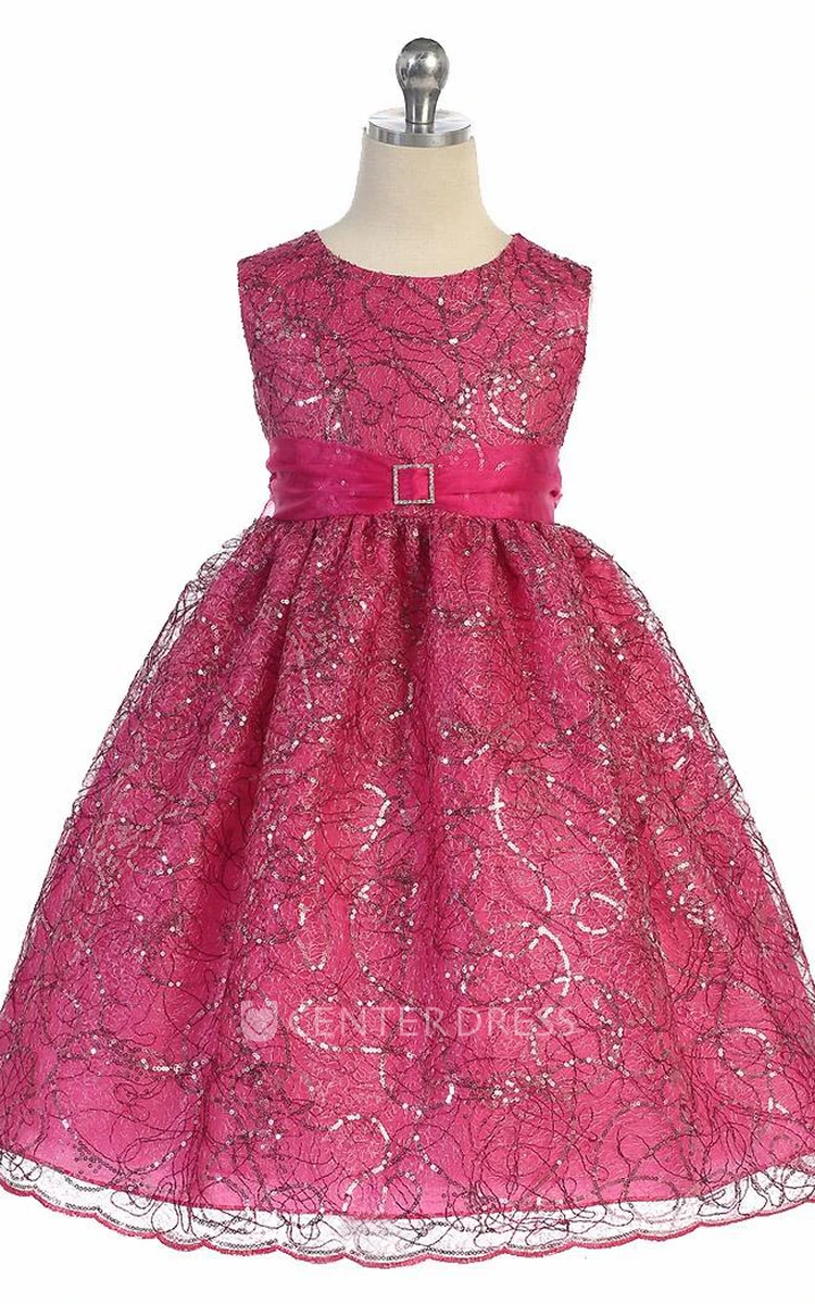 Tea-Length Broach Tiered Beaded Sequins&Organza Flower Girl Dress With Ribbon
