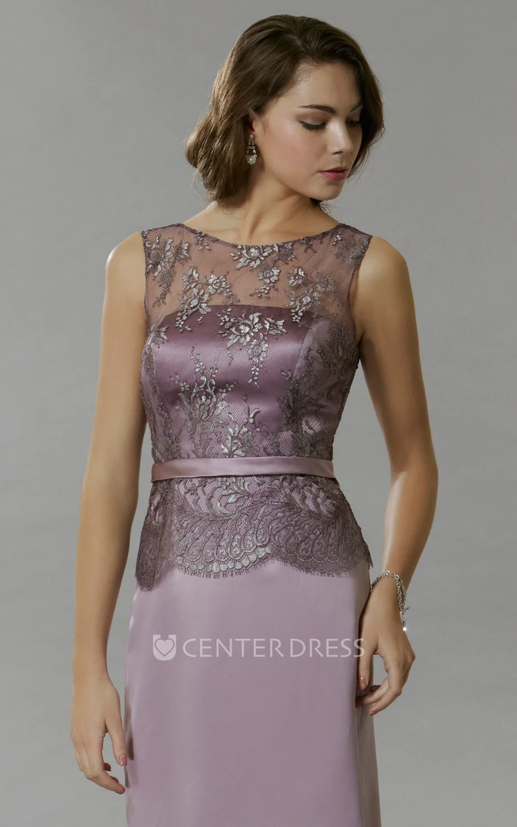 Pencil Mini Sleeveless Appliqued Scoop-Neck Satin Prom Dress
