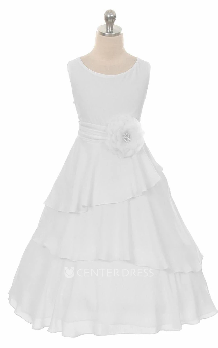 Floral Tea-Length Ruched Floral Chiffon Flower Girl Dress With Sash