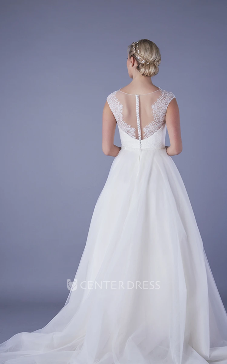 Tulle A-line Ball Gown With Illusion Lace V-neck And Back