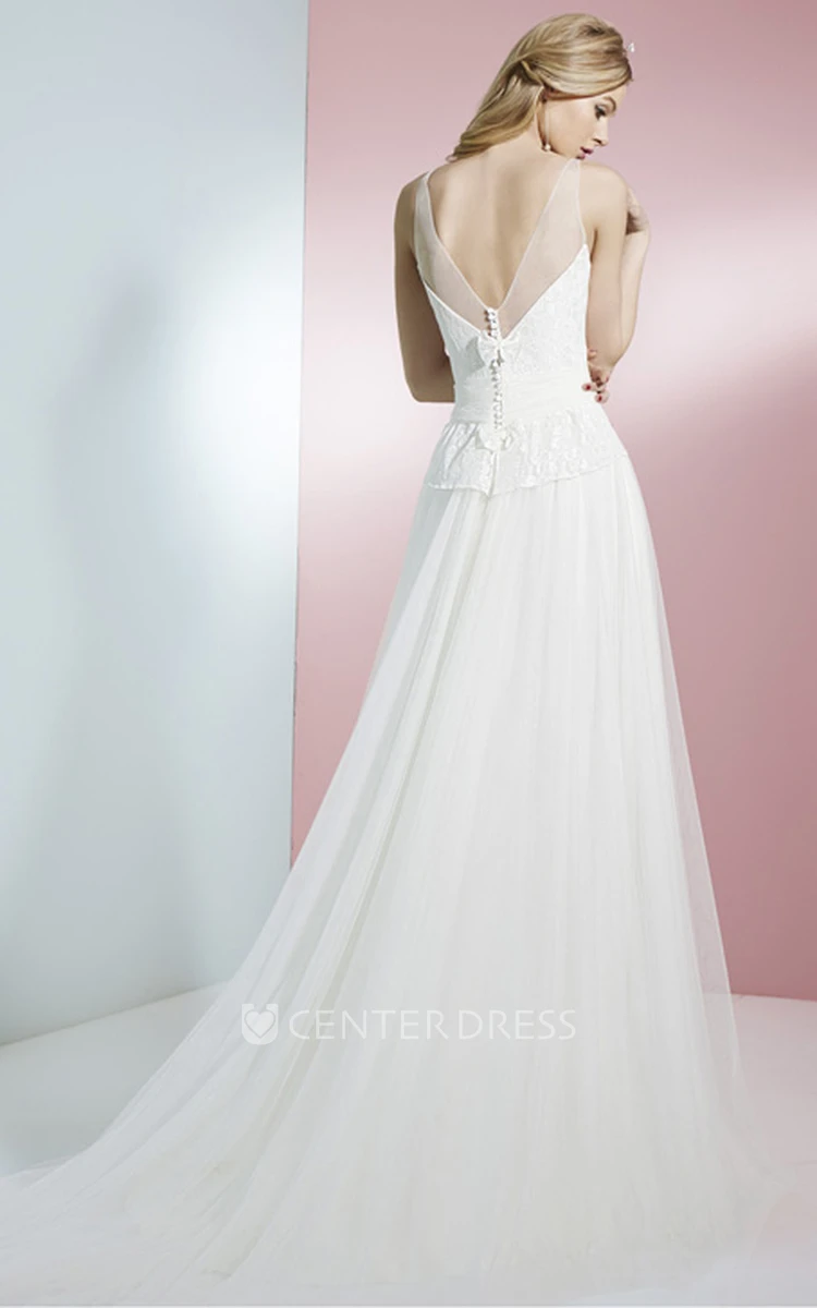 Floor-Length V-Neck Appliqued Bowed Tulle Wedding Dress With Brush Train And V Back
