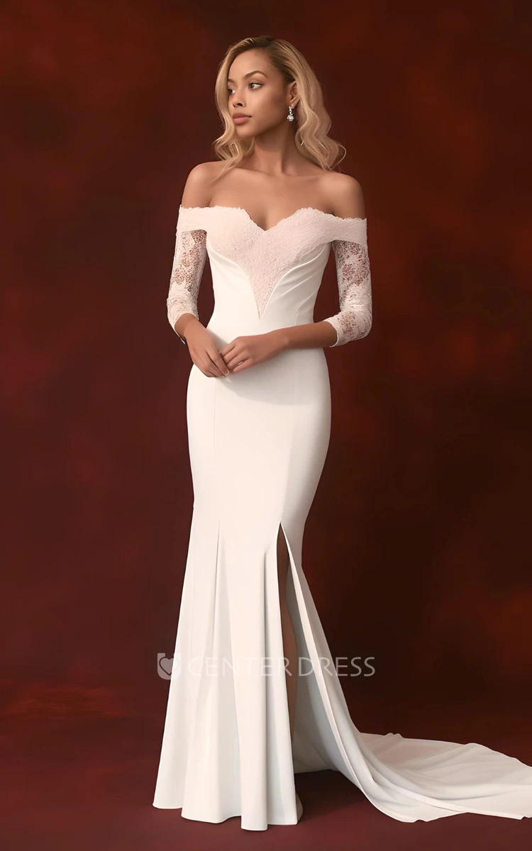 Sexy Mermaid Lace Wedding Dress with Split Front Half Sleeve Spandex Off-the-shoulder Country Garden Sweep Train