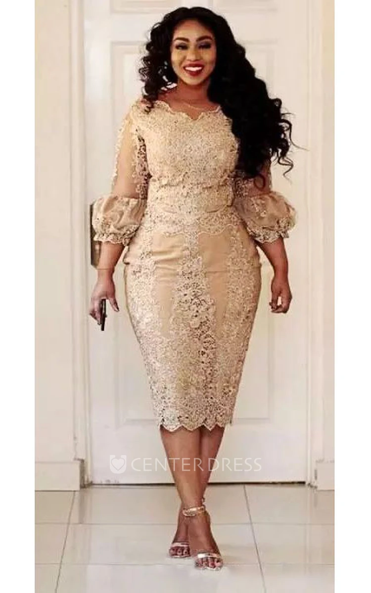 Sexy Plus Size Scalloped Lace Vintage Bodycon Knee-length 3-4 Length Sleeve Puff Balloon Dress
