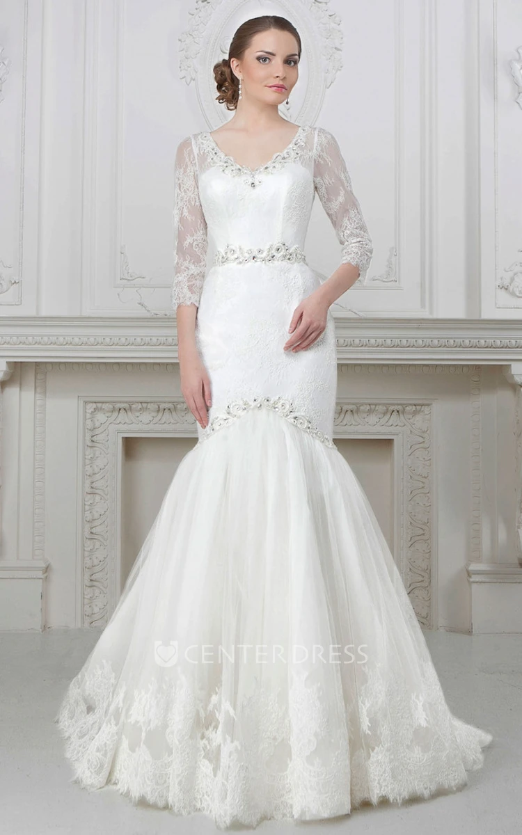 Trumpet V-Neck Floor-Length 3-4-Sleeve Appliqued Lace Wedding Dress With Waist Jewellery And Beading