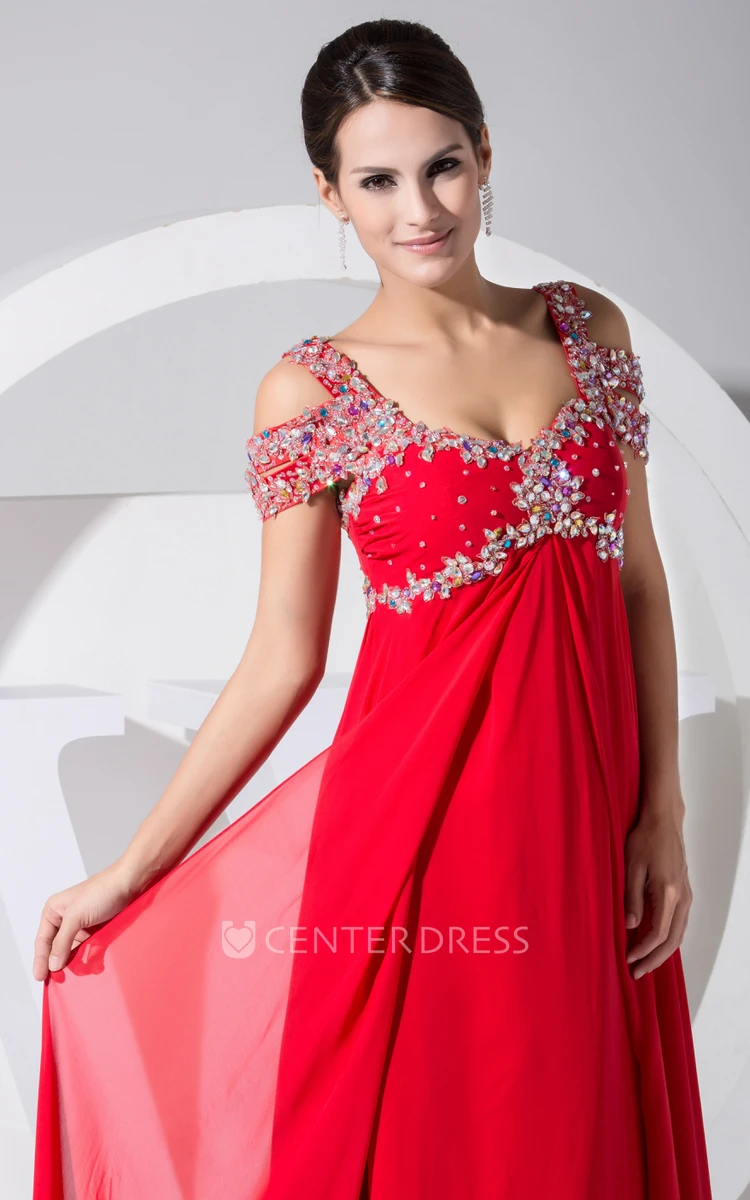 Off Shoulder Empire Chiffon Long Formal Dress With Beading