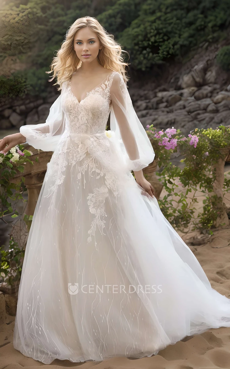 Sexy Elegant A-Line Long Sleeve Fall/Winter Wedding Dress Bohemian Elopement Beach Garden Outdoor Backless Long Train Bridal Gown