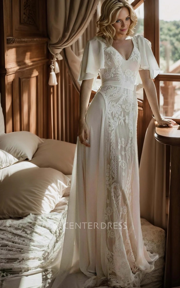 Ethereal Floral A-Line Boho Lace V-Neck Wedding Dress Whimsical Modest Flutter Sleeve Illusion Low Back Bridal Gown with Train