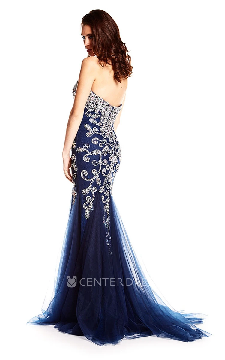 Long Sweetheart Crystal Tulle Prom Dress With V Back