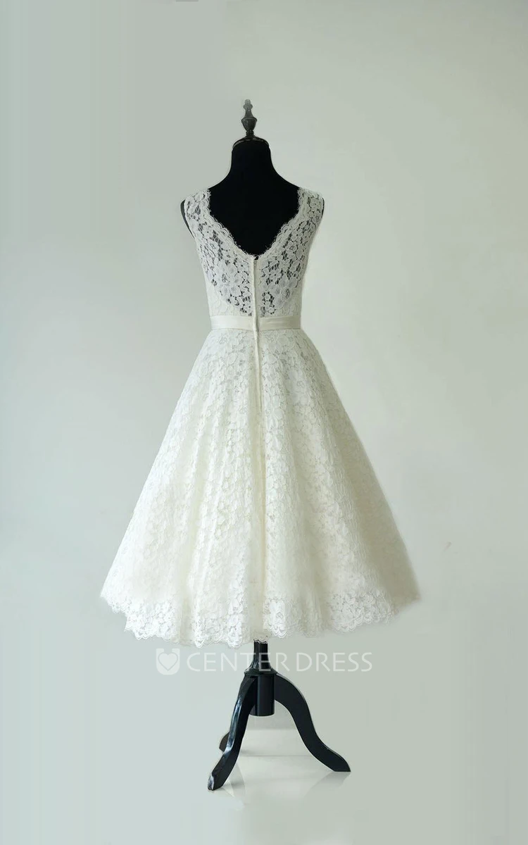 Sleeveless Sheer Neckline Tea Length Garden Bridal Dress With Waistband
