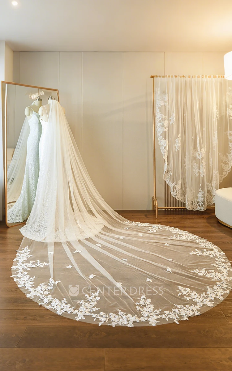 Boho Floral One-Tier Lace Edge Tulle Cathedral Length Wedding Veil