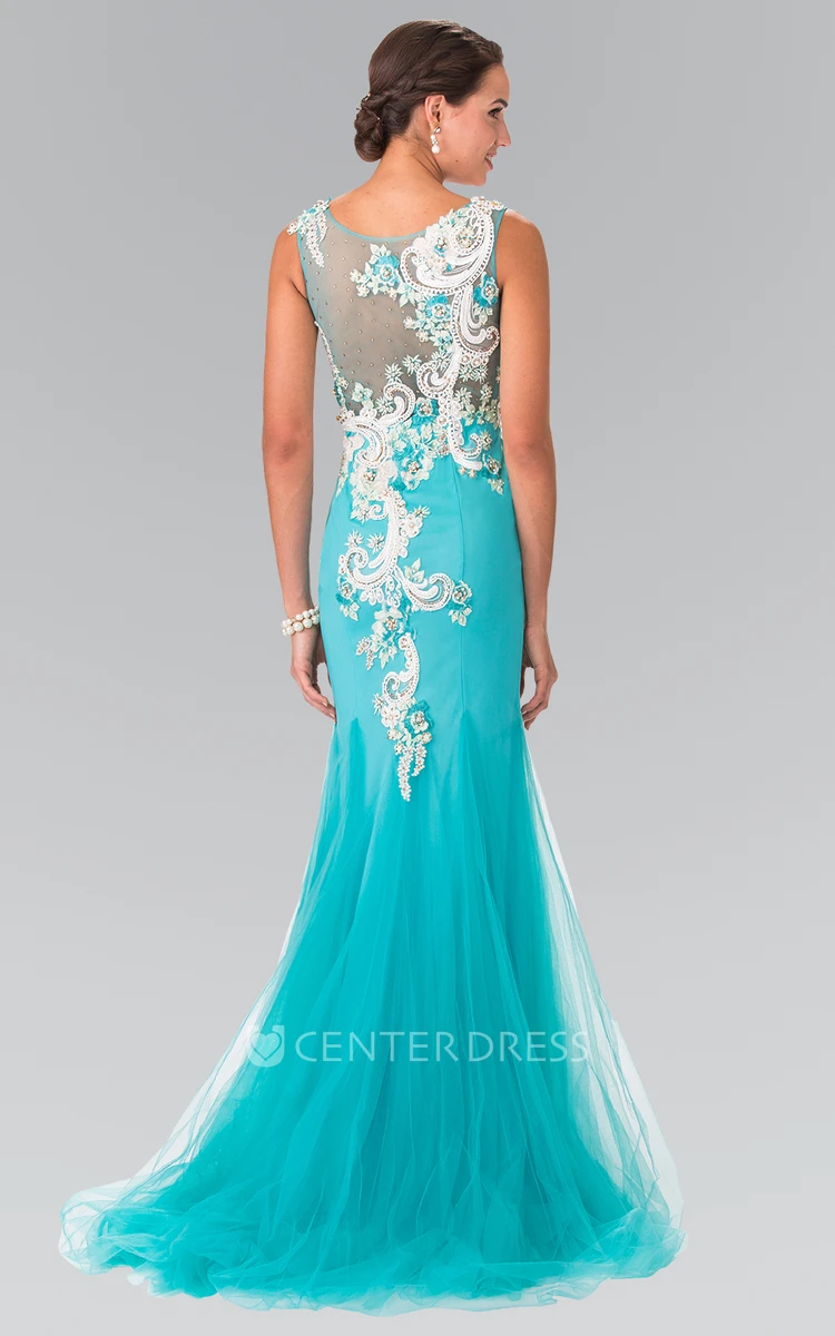 Sheath Scoop-Neck Tulle Illusion Dress With Appliques And Crystal Detailing