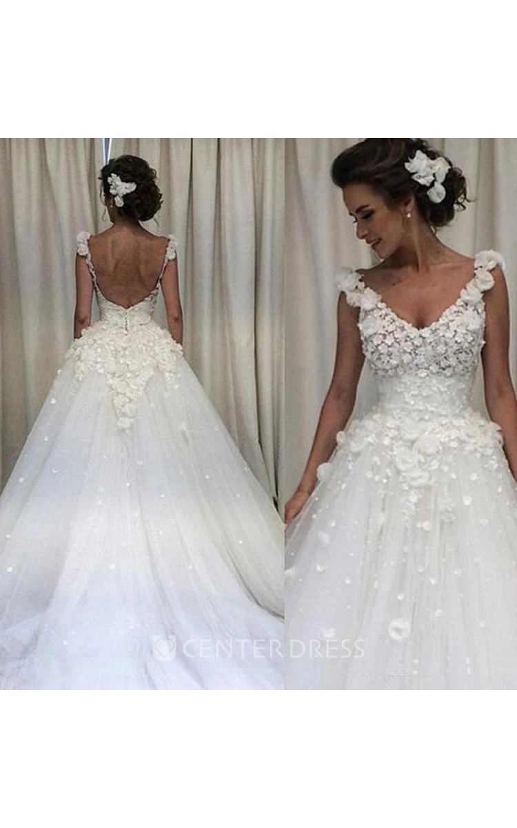 Ball Gown V-neck Lace Tulle Open Back Low-V Back Wedding Gown