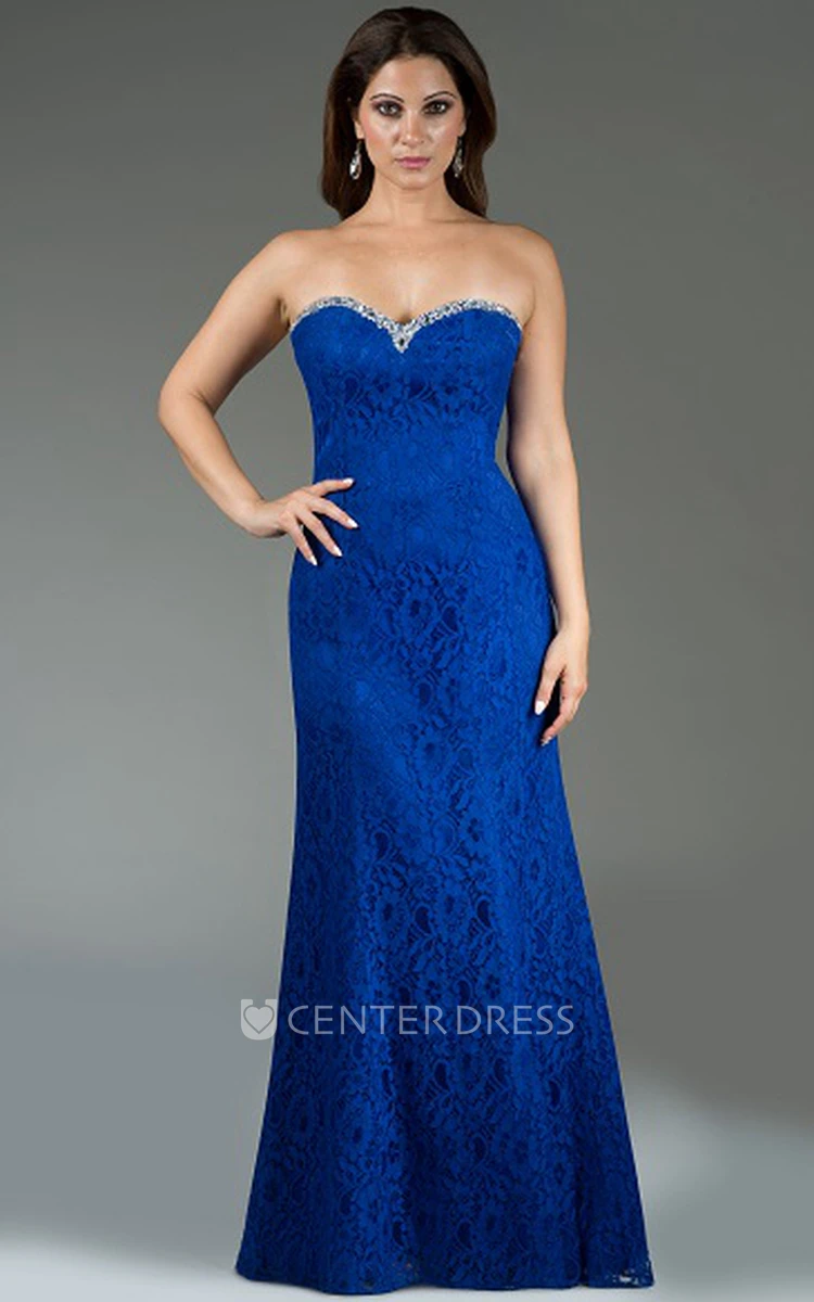 Sweetheart Sheath Lace Long Bridesmaid Dress With Crystal Neckline