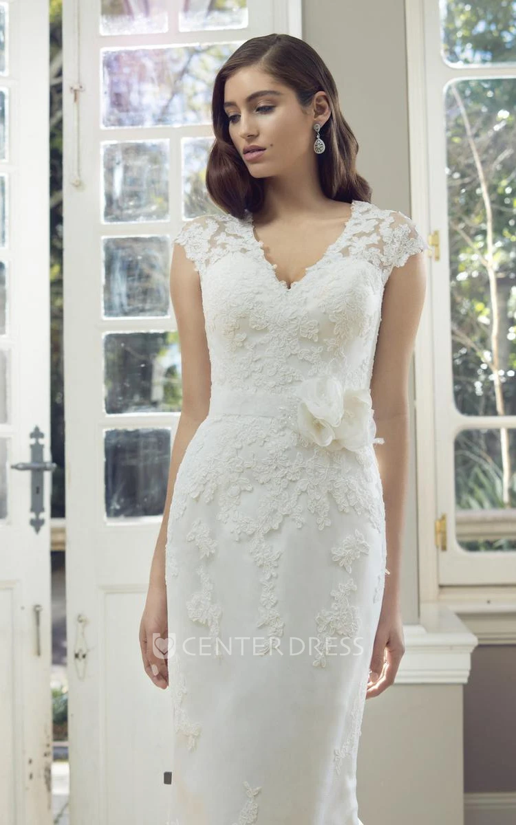 Sheath Cap-Sleeve V-Neck Lace Wedding Dress With Illusion