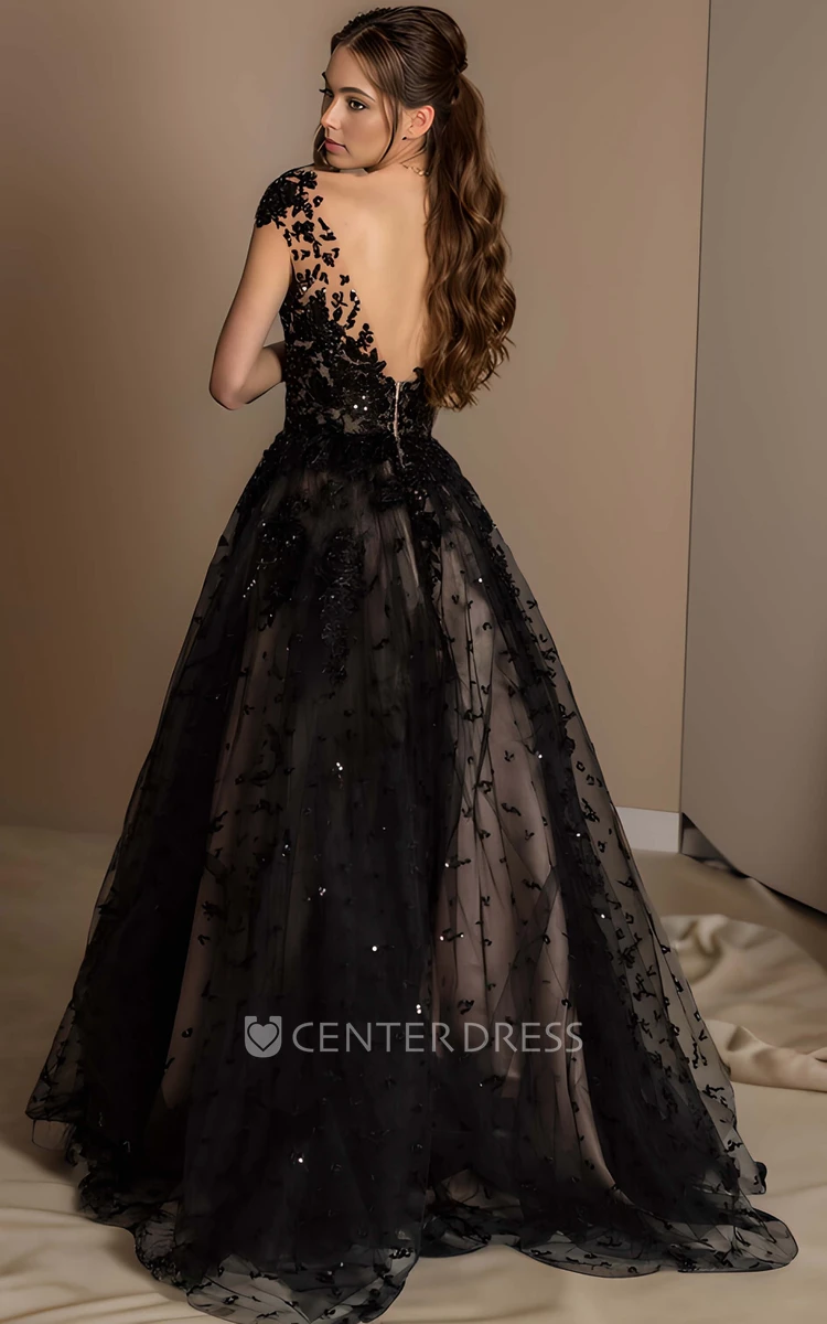Floral Gothic Vintage Lace A-Line Wedding Dress Appliqued Sequins Ball Gown with Deep-V Back