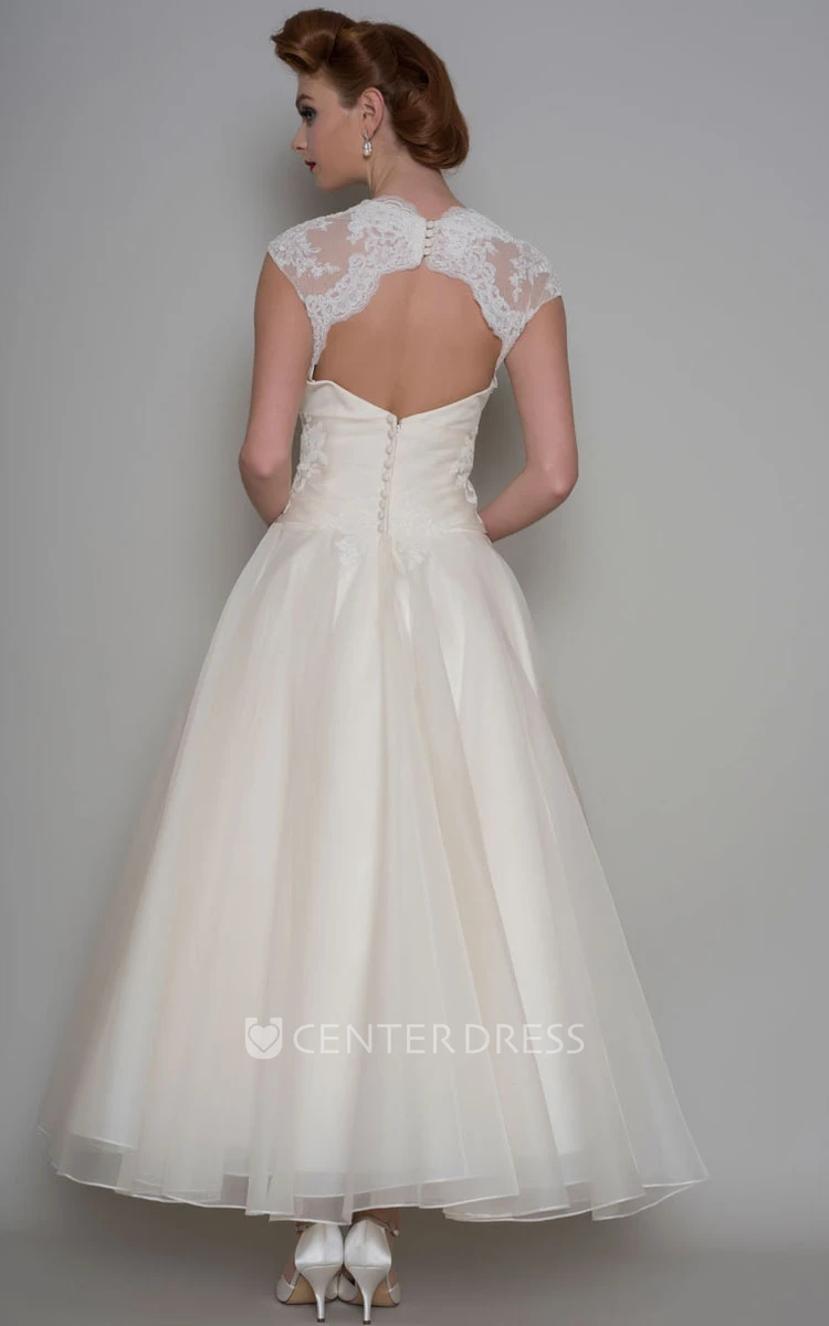 A-Line Queen-Anne Tea-Length Lace Organza Wedding Dress