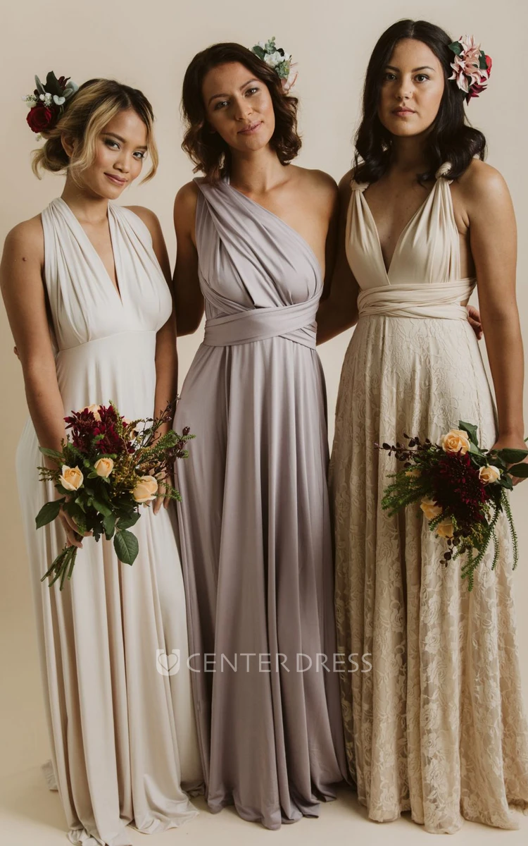 Simple Informal Convertible Straps A-Line Jersey Lace Bridesmaid Dress With Open Back And Sash
