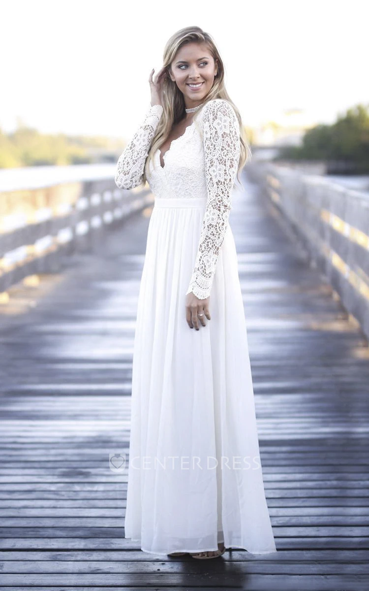 Bohemian A-line Lace Long Sleeve Open Back Scalloped Plunging Chiffon Gown