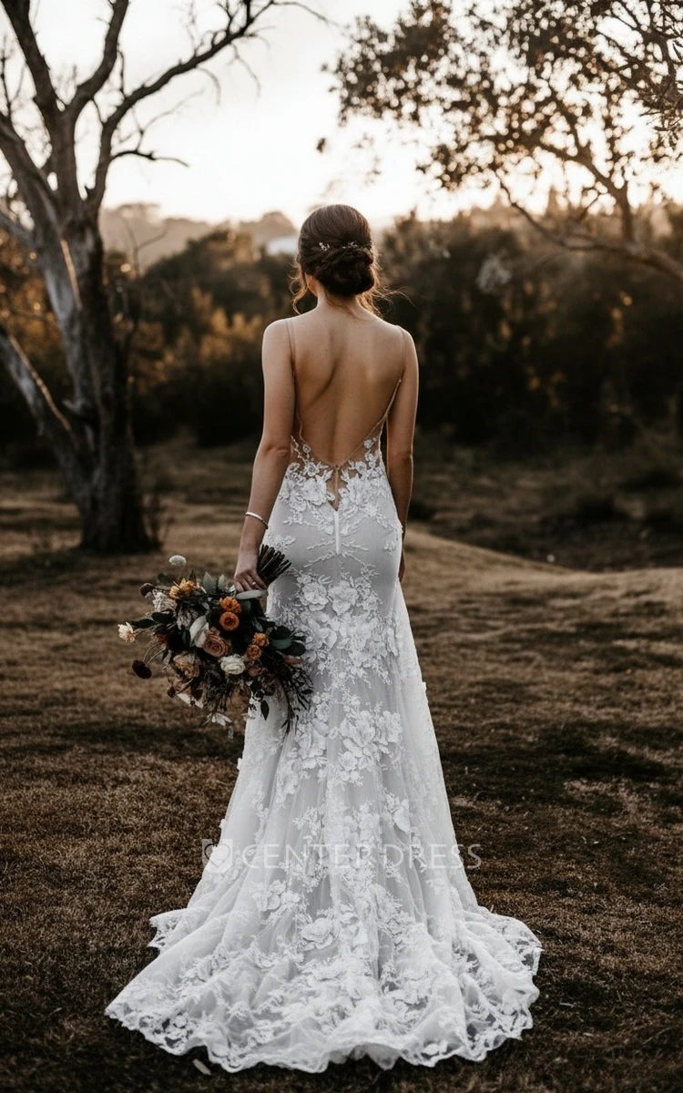 Gorgeous Lace Petals Mermaid Sexy V-Neck Straps Sleeveless Backless Illusion Country Long Trailing Spring Wedding Dress