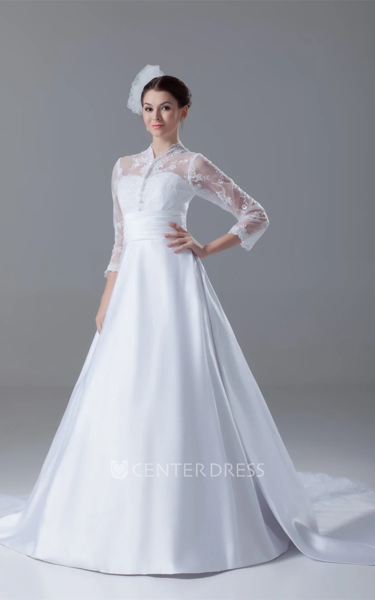Modest High Neck 3-4-Sleeve A-Line Lace Satin Wedding Gown with Bows