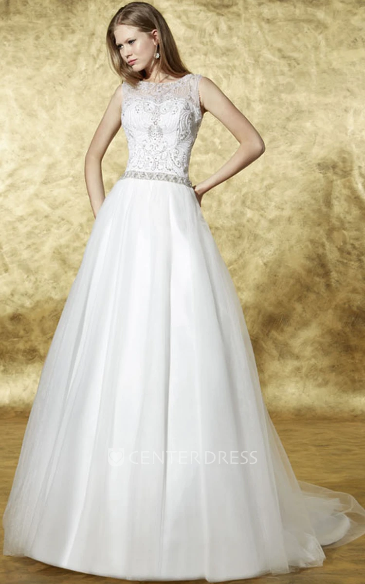 Long Scoop Jeweled Tulle Wedding Dress With Court Train And Illusion