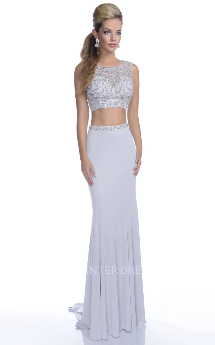 Form-Fitted Crop Top Jersey Sleeveless Prom Dress Featuring Jeweled Bodice