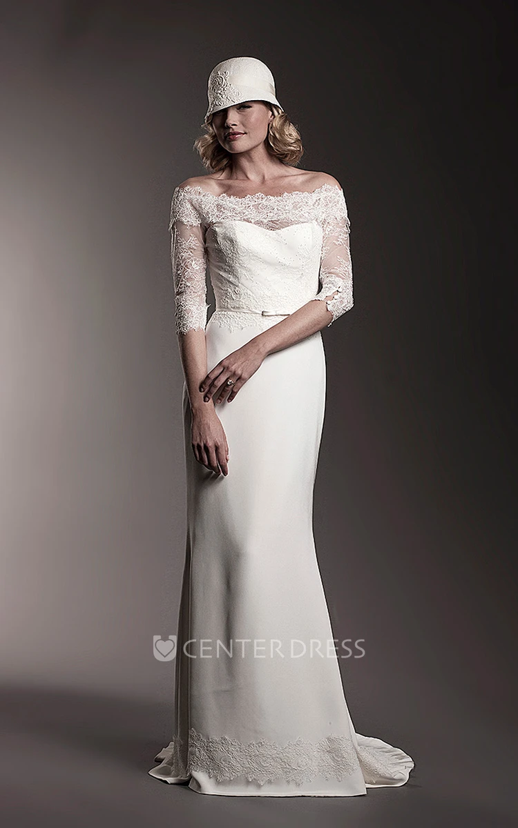 Floor-Length Off-The-Shoulder Half Sleeve Jeweled Lace Wedding Dress