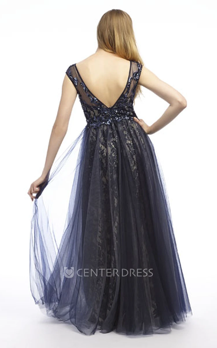 Cap-Sleeve Appliqued Floor-Length Bateau-Neck Tulle&Lace Prom Dress