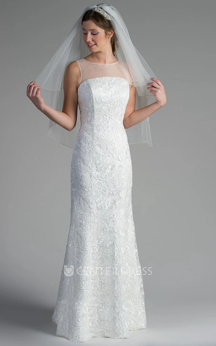 Sleeveless Sheath Lace Long Bridesmaid Dress With Illusion Neck