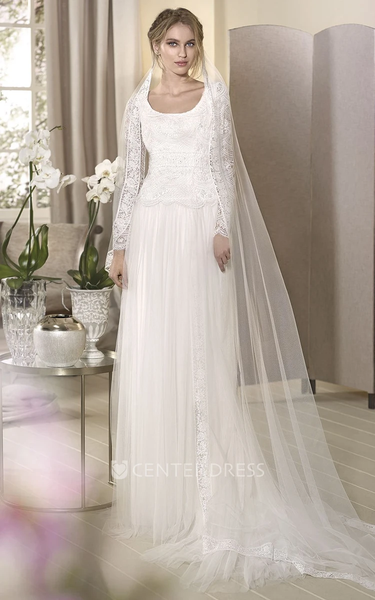 Sheath Square-Neck Long-Sleeve Floor-Length Tulle Wedding Dress With Lace And Keyhole