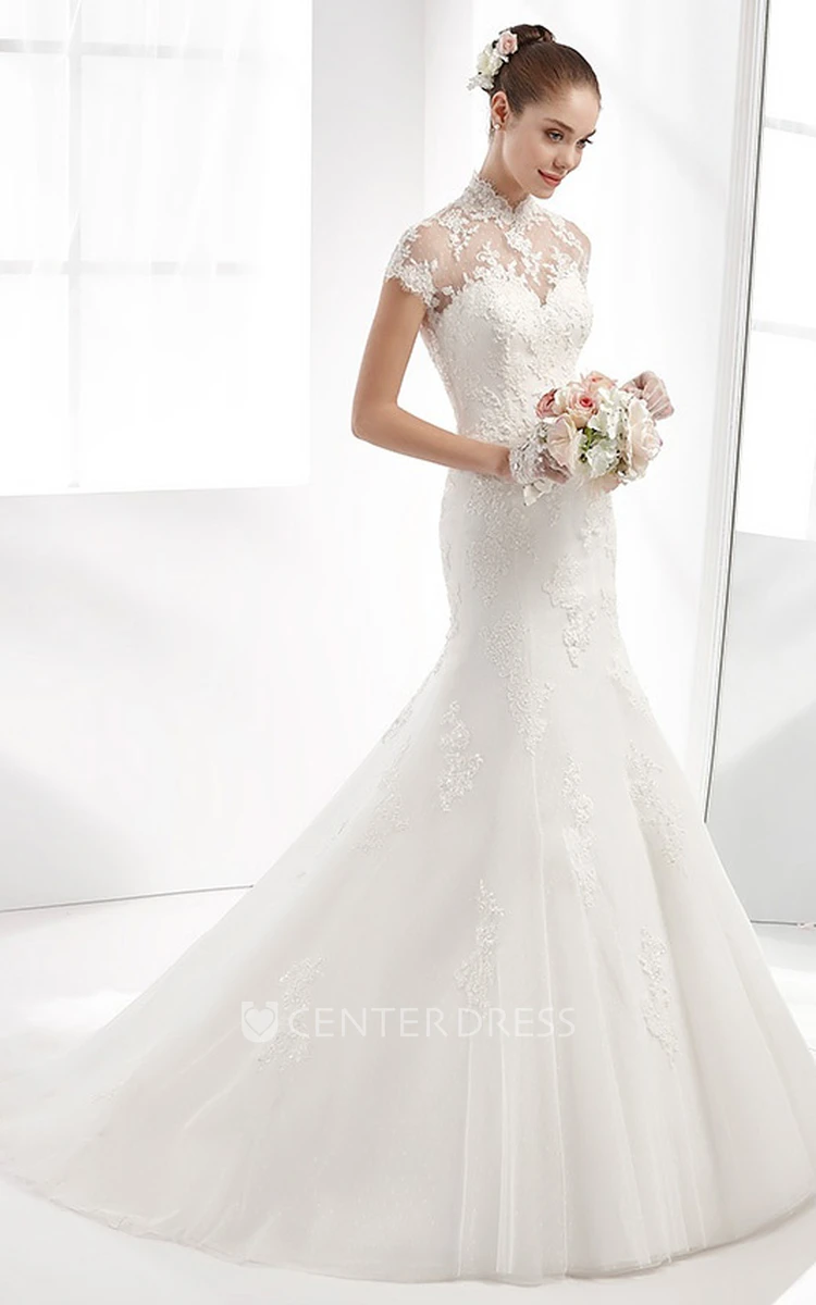 High-neck Mermaid Wedding Dress with T-shirt Sleeves and Illusive Design