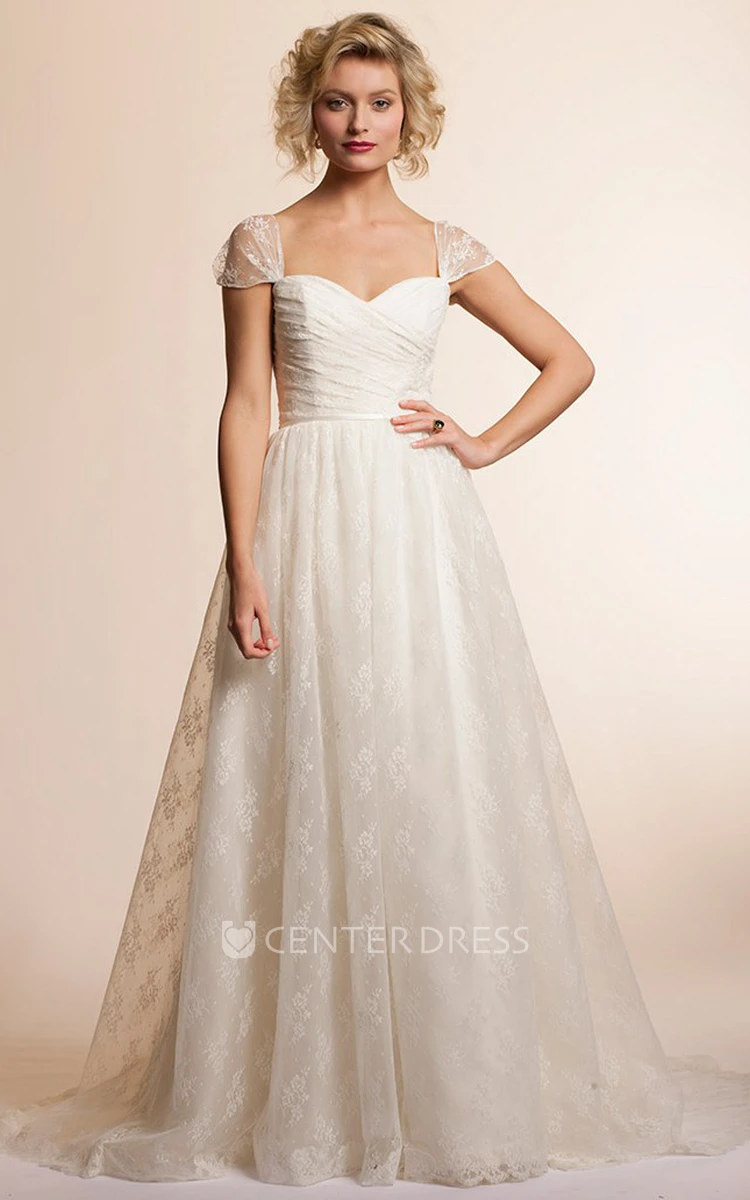 A-Line Floor-Length Cap-Sleeve Lace Wedding Dress With Ruching And Deep-V Back