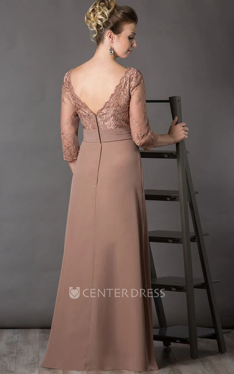 A-Line Bateau-Neck Appliqued 3-4-Sleeve Long Chiffon Mother Of The Bride Dress With Flower And Draping