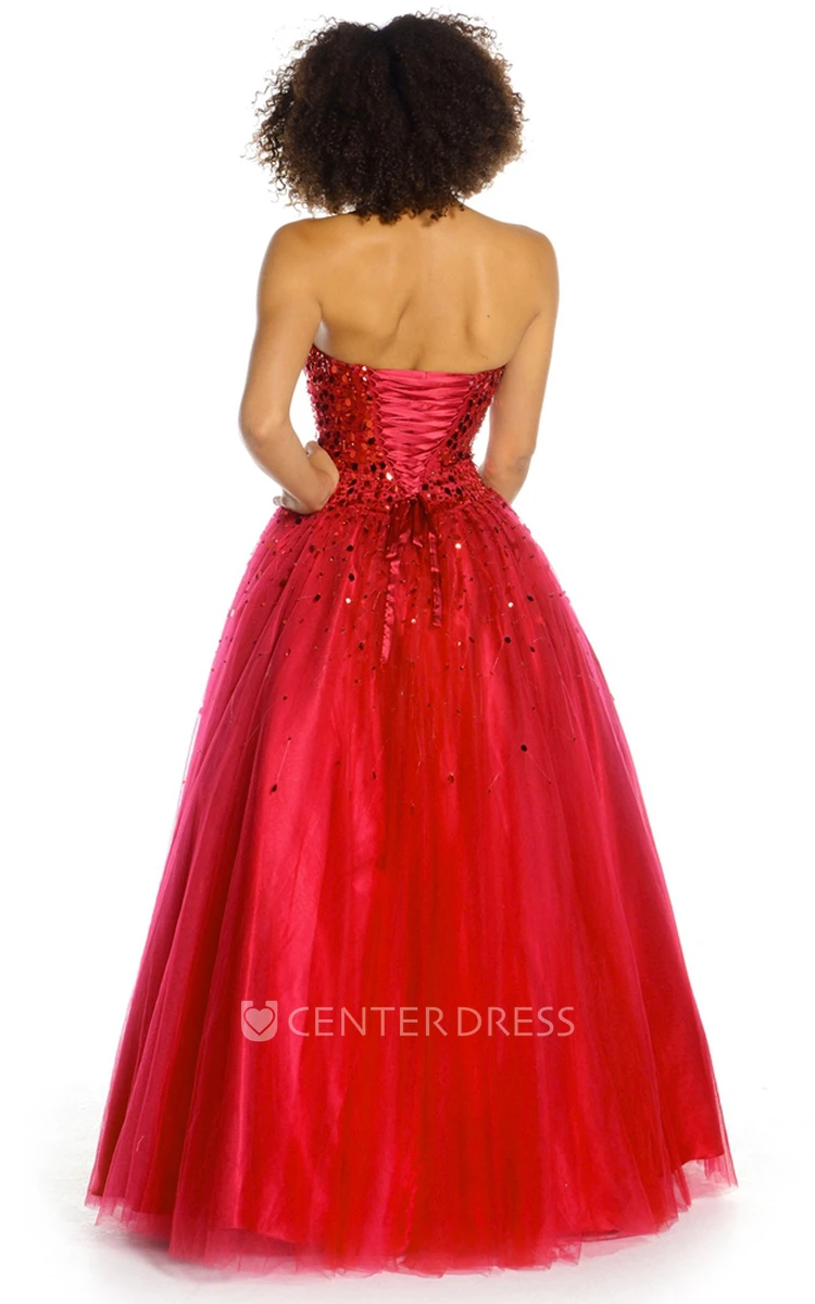 A-Line Floor-Length Sequined Sleeveless Strapless Tulle Prom Dress With Lace-Up Back And Bow