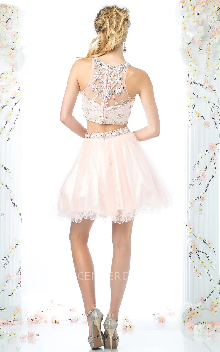 A-Line Short Jewel-Neck Sleeveless Tulle Illusion Dress With Ruffles And Beading