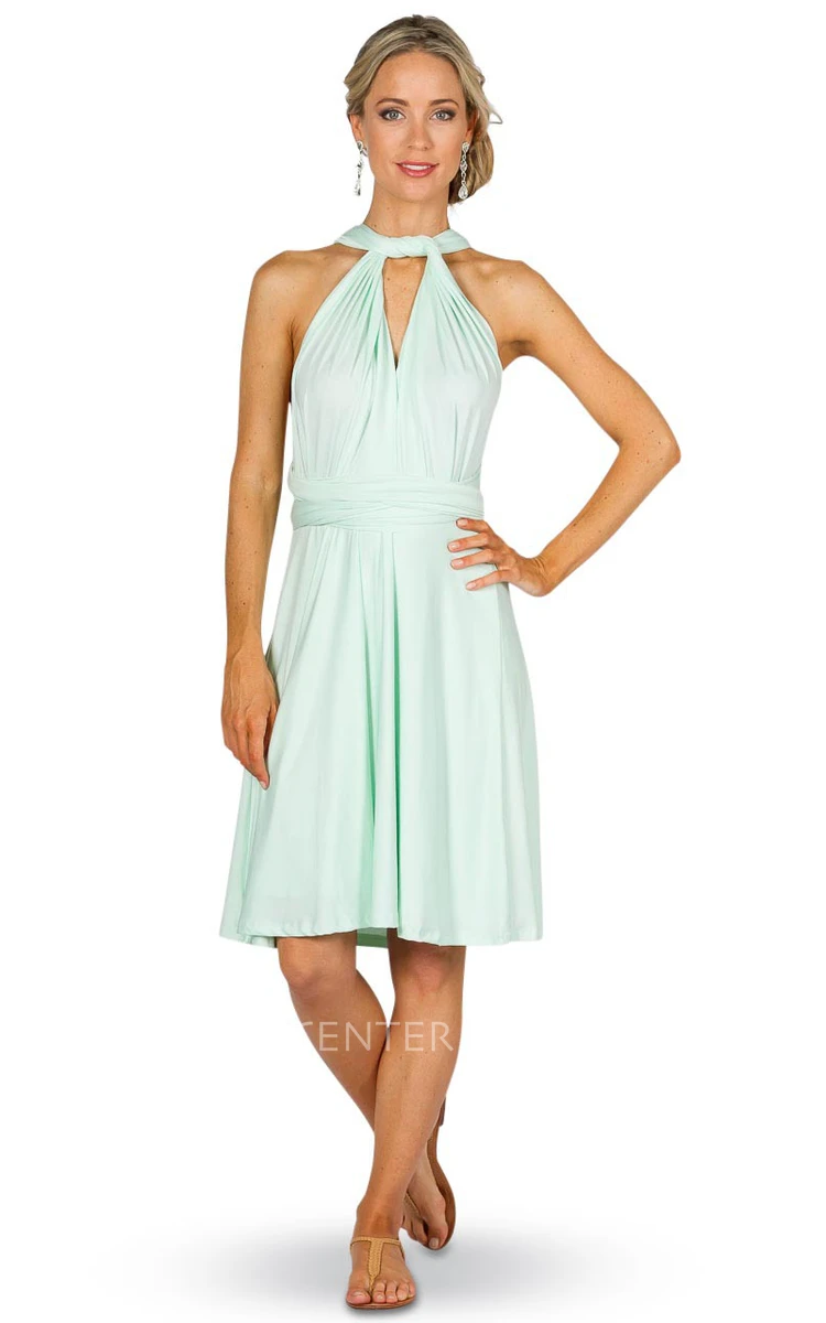 Knee-Length Ruched Sleeveless One-Shoulder Chiffon Convertible Bridesmaid Dress With Straps