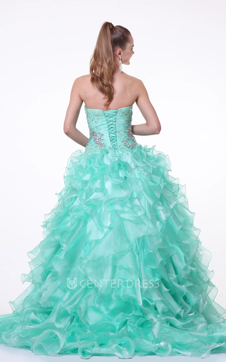 Ball Gown Long Sweetheart Sleeveless Organza Lace-Up Dress With Beading And Ruffles