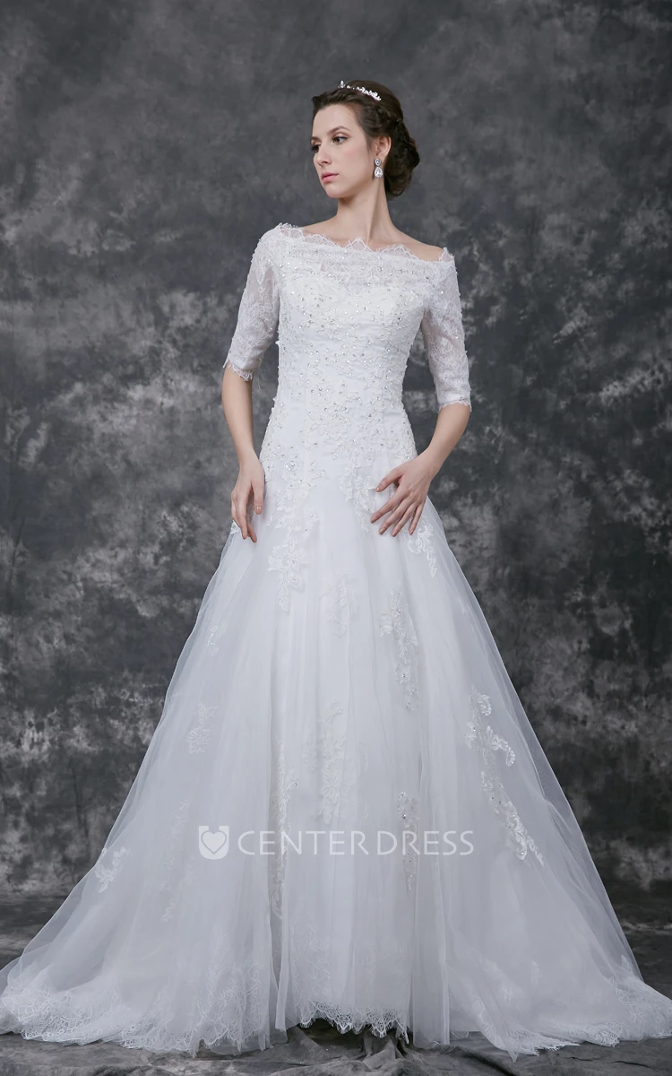 Illusion Half Sleeve A-line Tulle Gown With Lace Appliques and Beading
