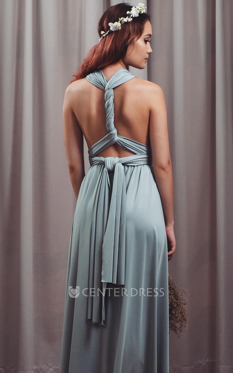 Romantic Jersey Convertible Halter Neckline A Line Bridesmaid Dress With Open Back And Sash