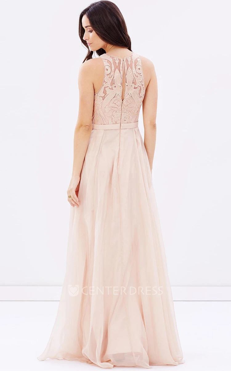 Sheath Sleeveless Appliqued Scoop Neck Chiffon Bridesmaid Dress With Sequins