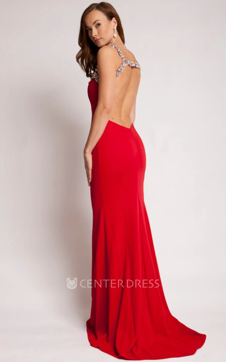 Sheath Beaded Square Sleeveless Long Jersey Prom Dress With Backless Style And Brush Train