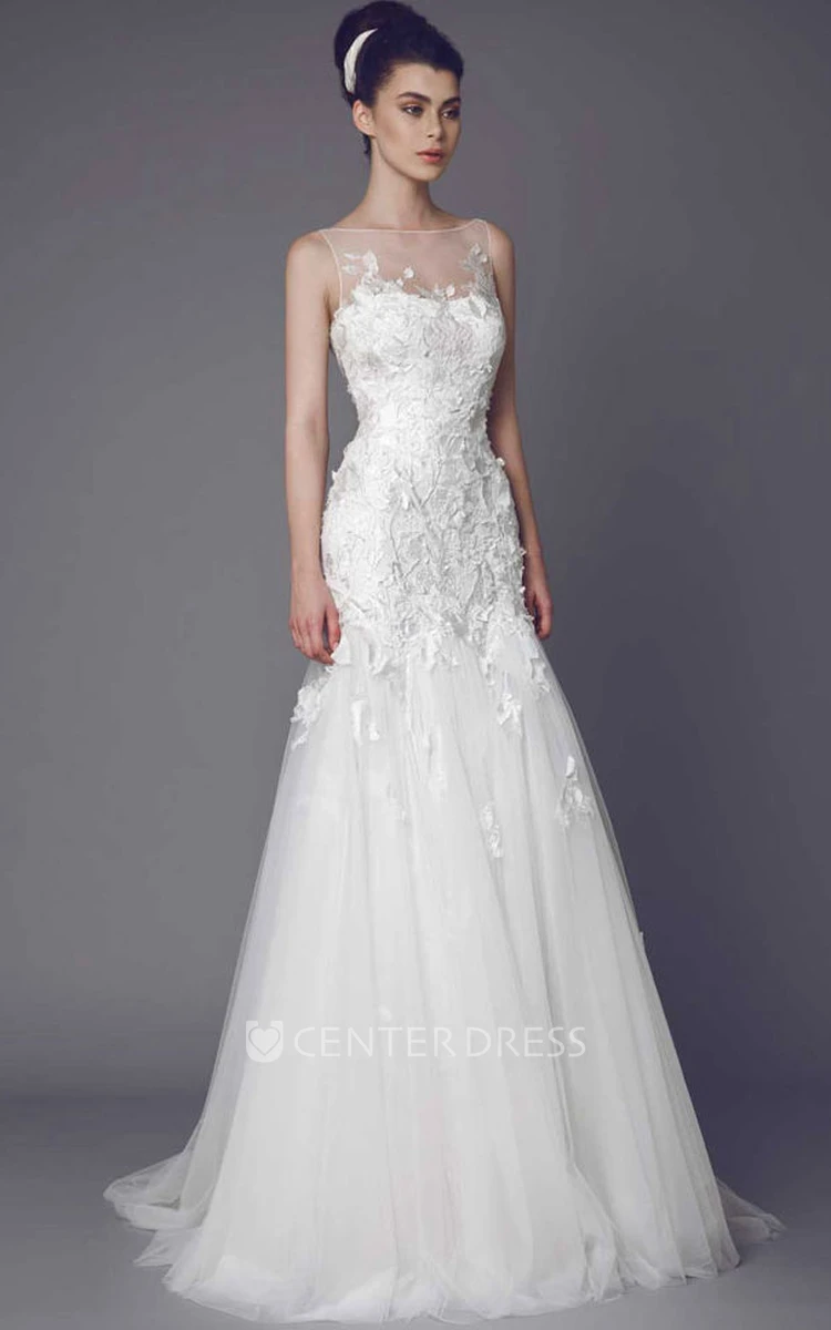 Bateau Long Appliqued Tulle Wedding Dress With Court Train And Illusion