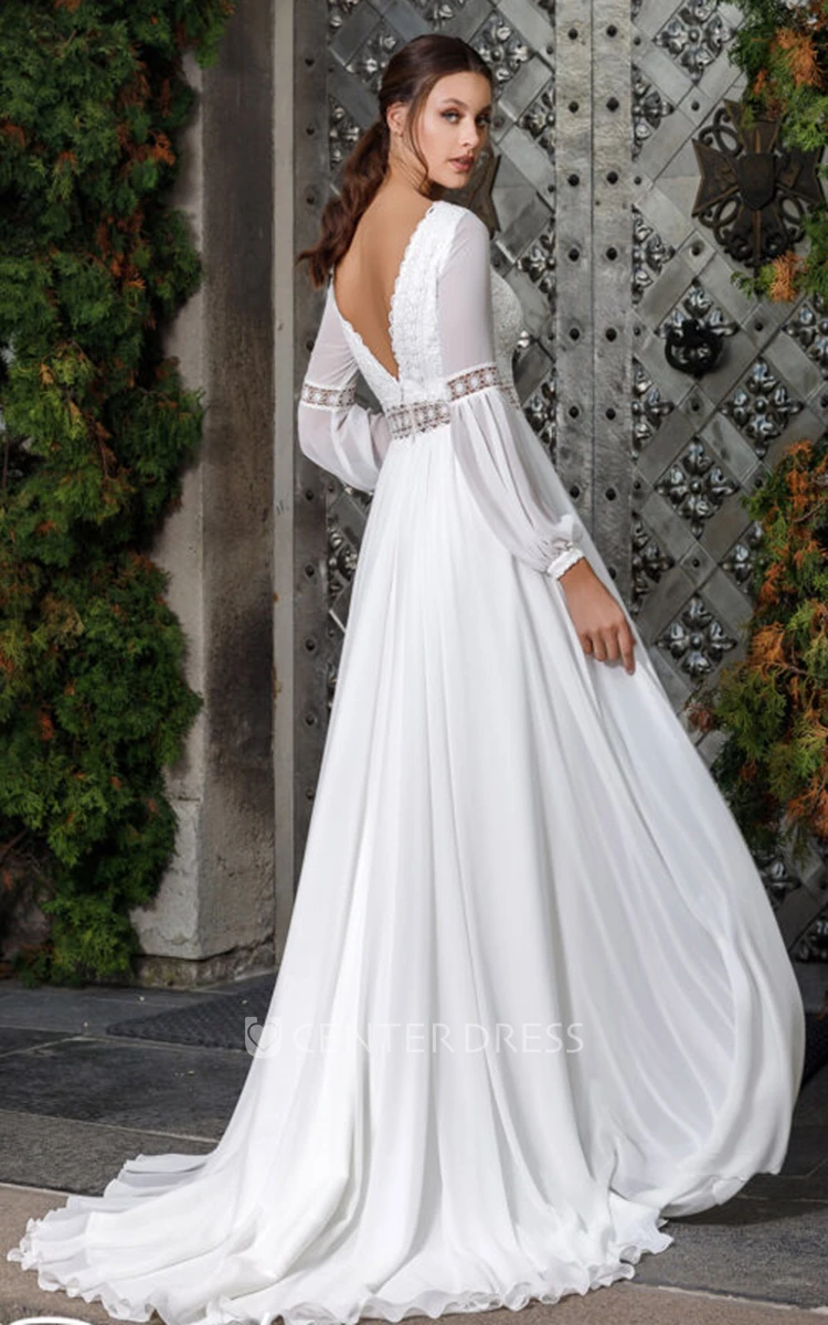 Sexy Scalloped Neck A Line Chiffon Wedding Dress with Appliques