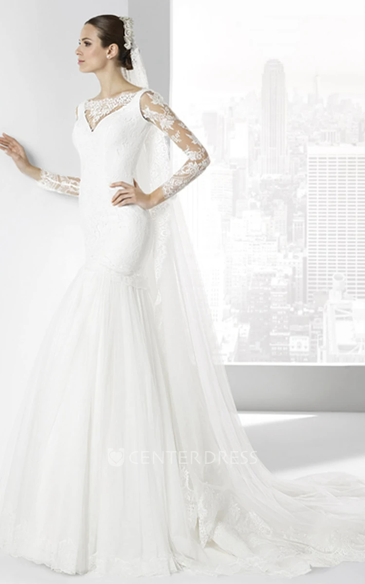 Mermaid Bateau-Neck Long-Sleeve Lace Wedding Dress With Illusion