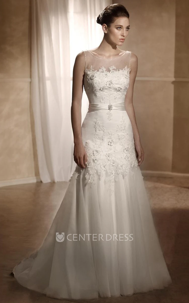 A-Line Long Bateau Sleeveless Appliqued Tulle&Satin Wedding Dress With Pleats And Deep-V Back
