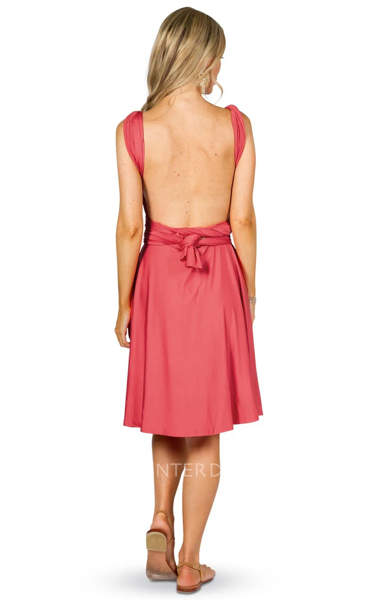 Sleeveless Knee-Length V-Neck Chiffon Convertible Bridesmaid Dress With Ruching And Straps
